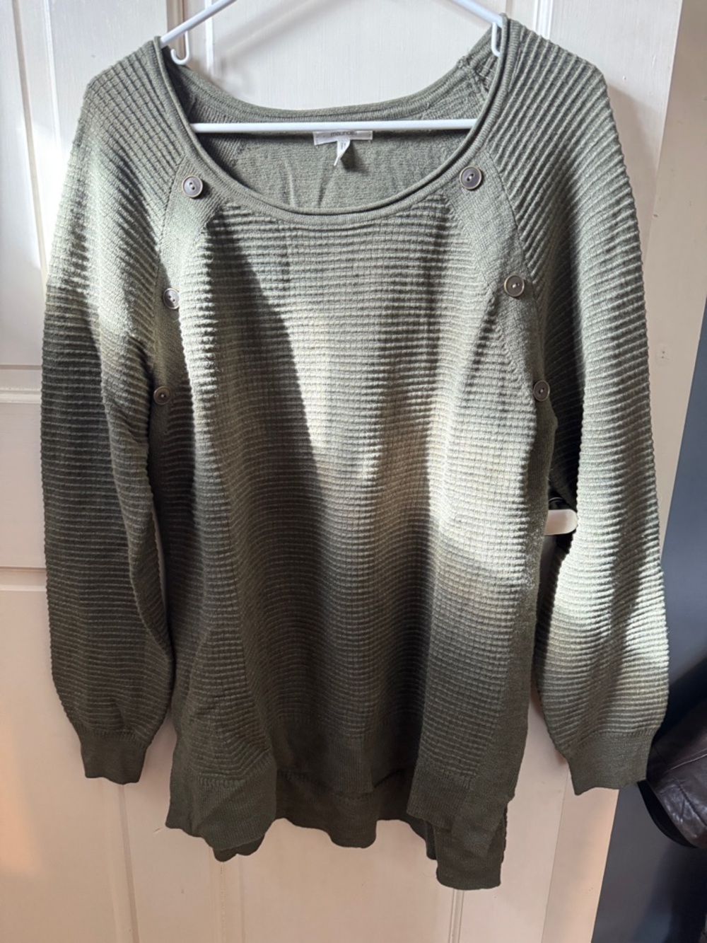 Maurices Olive Green Ribbed Crewneck Sweater with Buttons